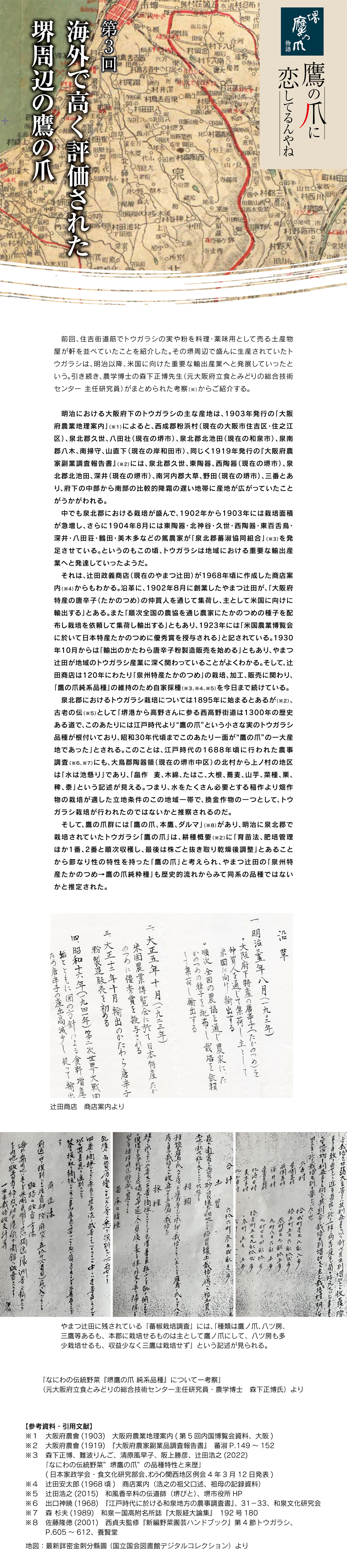 前回、住吉街道筋でトウガラシの実や粉を料理・薬味用として売る土産物屋が軒を並べていたことを紹介した。その堺周辺で盛んに生産されていたトウガラシは、明治以降、米国に向けた重要な輸出産業へと発展していったという。引き続き、農学博士の森下正博先生（元大阪府立食とみどりの総合技術センター 主任研究員）がまとめられた考察（※）からご紹介する。